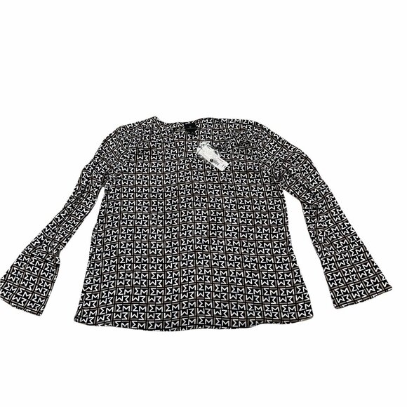 Worthington Blouse Top Womens Size L Black Tan Geometric Flare Sleeve - Picture 1 of 4